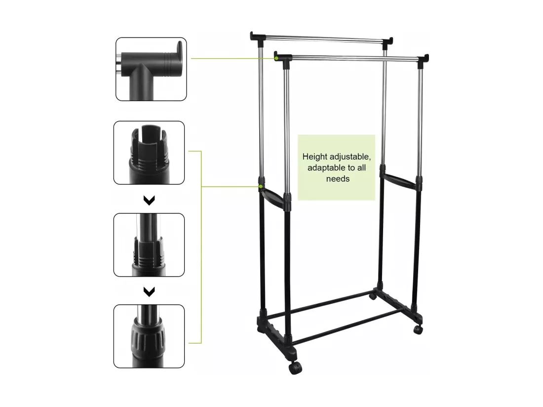 Portant à Vêtements Roulettes, Tringle à Vêtements Extensible Hauteur 90-160 cm, avec Porte-chaussures, charge max. 50Kg, 2 Tringles