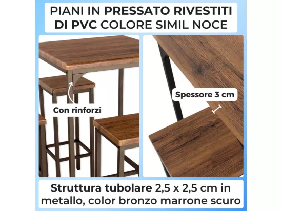 Lot de table de bar carrée de 110 cm de haut et 4 tabourets en noyer brun Mod. ROMA par Yelloo