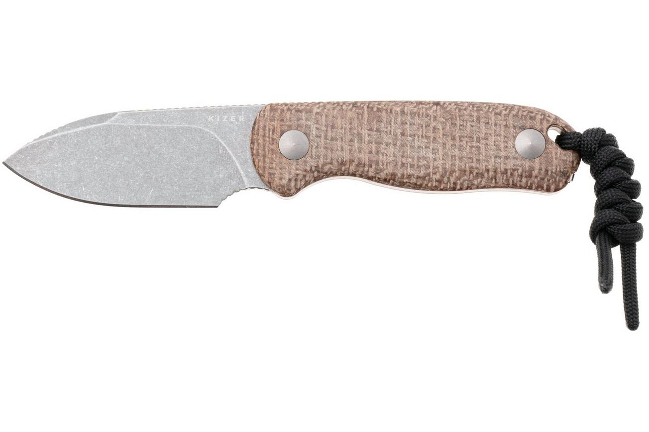 Kizer Drop Bear 1094A1 Gray Stonewash 14C28N, Burlap Micarta, vaststaand mes