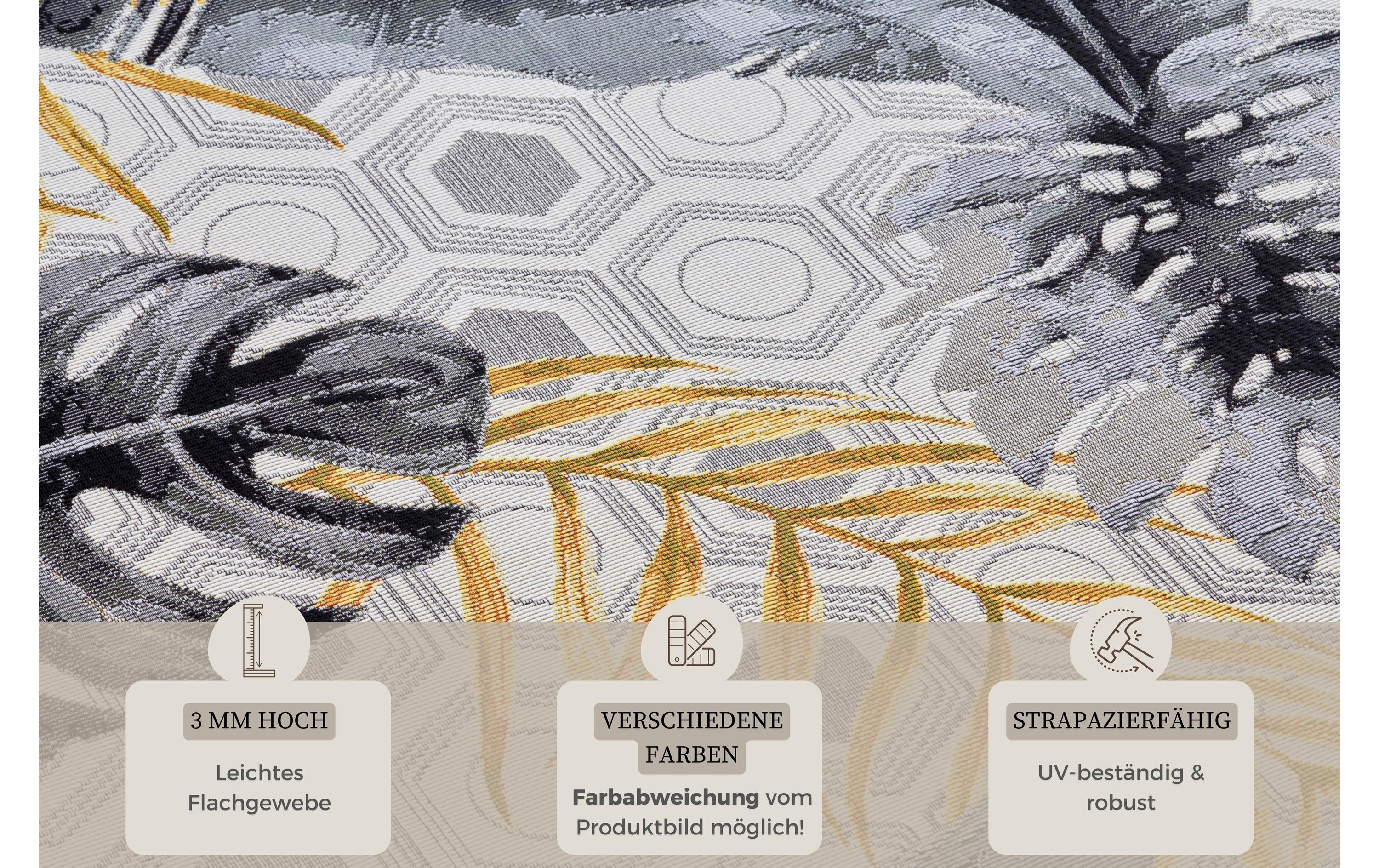 Teppich Gold Leaves 80 cm x 165 cm, MehrfarbigIn- & Outdoor Teppich, Flachegwebeteppich im Tropischen Palmen Design, Wetterfest & Wasserfester Aussenteppich für Terrasse, Balkon, Garten Wohnzimmer