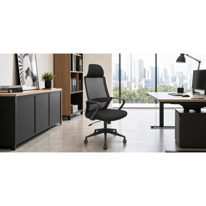 Chaise de bureau Pro534 avec dossier en résille, assise en tissu, base pyramidale, roulettes en nylon