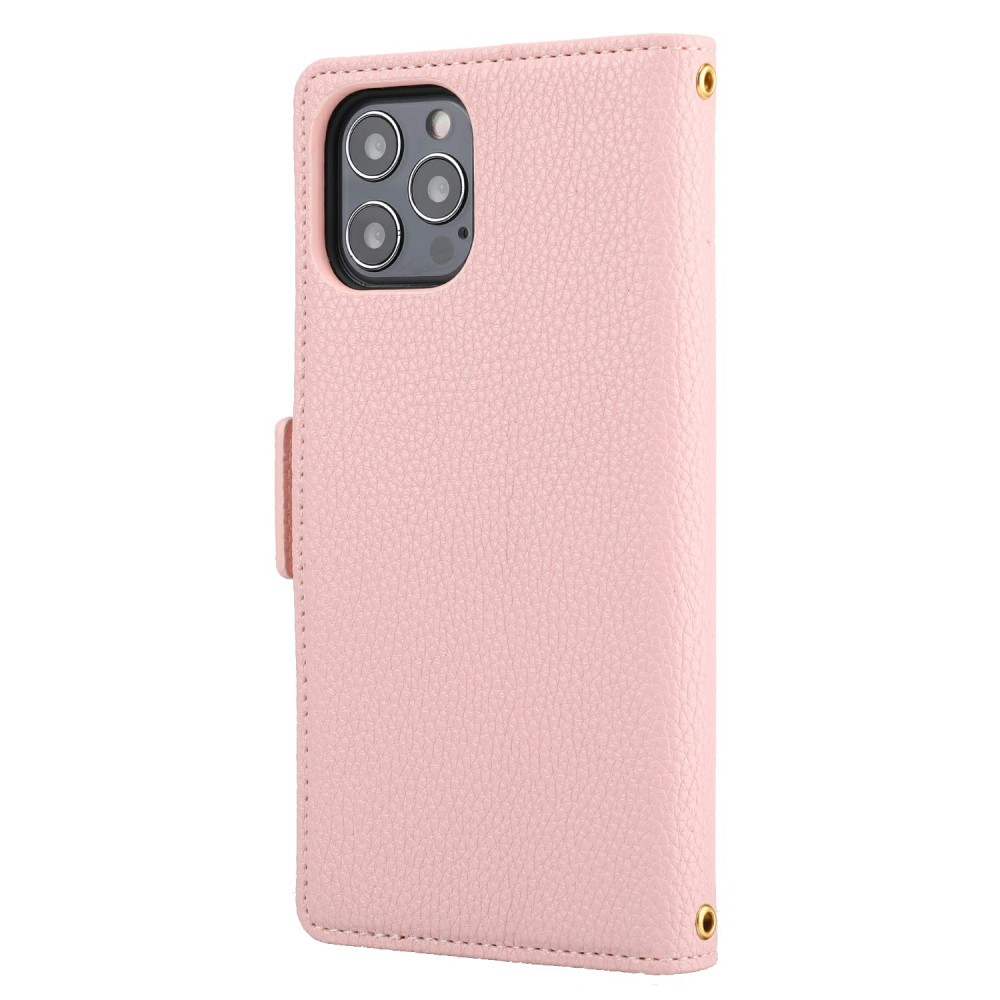iPhone 12 / iPhone 12 Pro Leder Tasche Flip Cover Litchi Look mit Kartenfächern Geometrisches Design - Rosa / Weiss