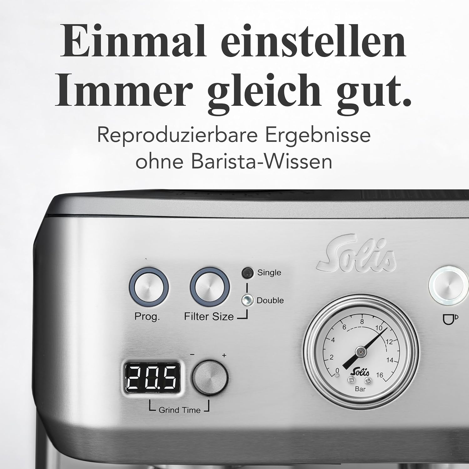 Solis Grind & Infuse Perfetta 1019 Siebträgermaschine - Kaffeemaschine mit Mahlwerk - Integrierte Zero Static Kaffeemühle - Espressomaschine mit Dampf- und Heißwasserfunktion - Edelstahl