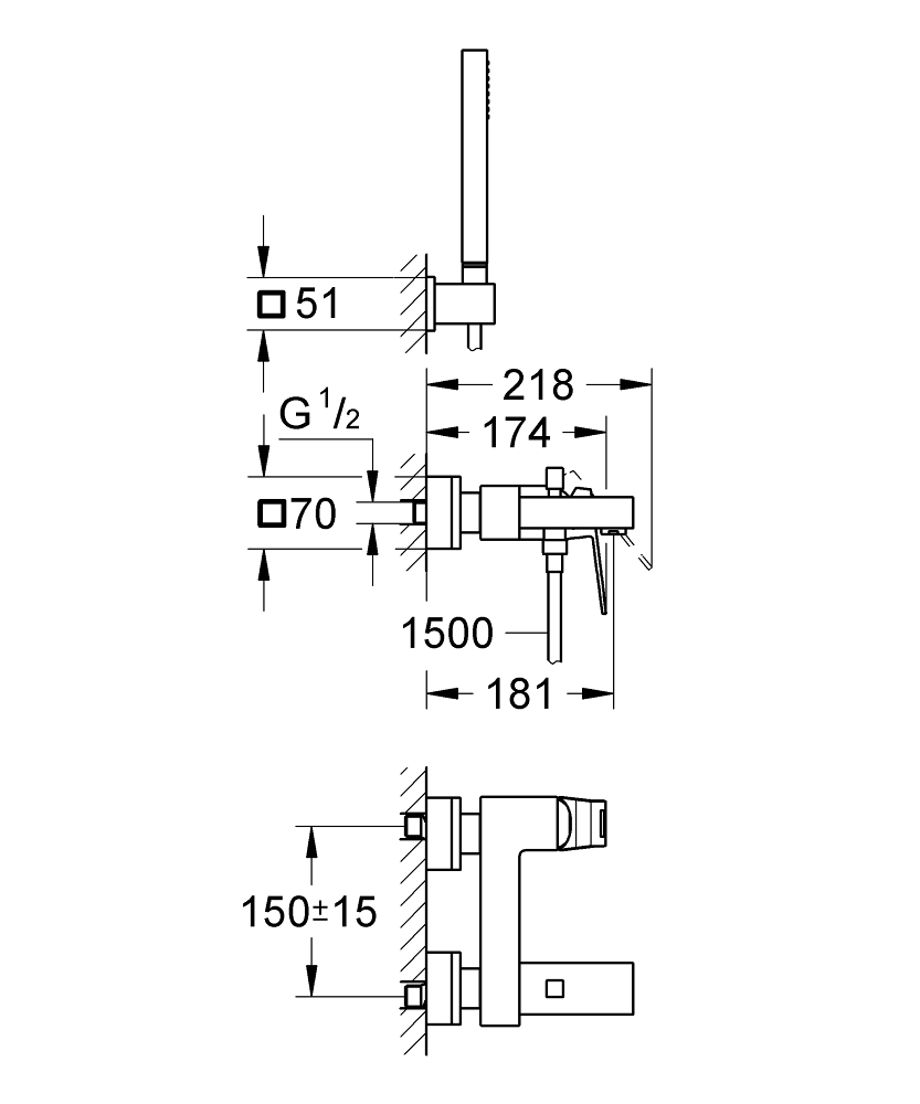 Grohe Eurocube badkraan m. omstel m. koppelingen m. garnituur chroom