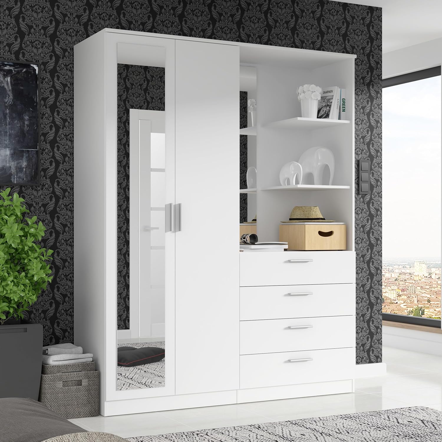 Forte DEWANIA Kleiderschrank 160, Schrank mit offenen Regalfächern und Spiegel, Holzwerkstoff, Weiß, 159,3 cm breit, 203,4 cm hoch, 52,7 cm tief