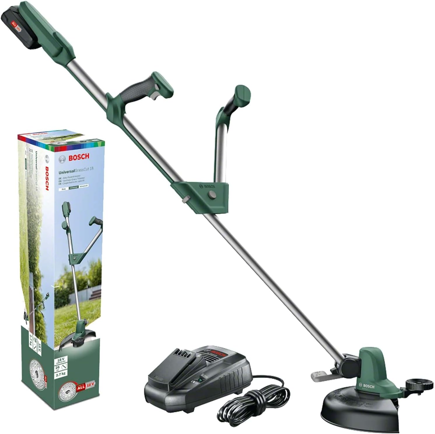 Bosch Akku Rasentrimmer UniversalGrassCut 18V-260 (1x Akku 2,0 Ah, 18 Volt System, Schnittkreisdurchmesser: 26 cm, verstellbare Handgriffe, im Karton)