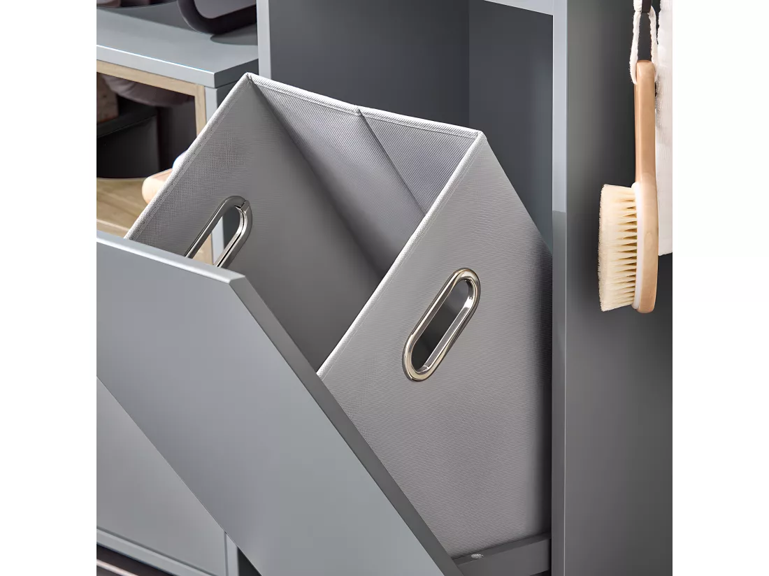 SoBuy Armoire à Linge Meuble Bas de Salle de Bain Corbeille à Linge Meuble de Rangement avec 4 Petits Compartiments Ouverts et 1 Panier à Linge Amovible, Gris, 35x30x90 cm, BZR159-DG