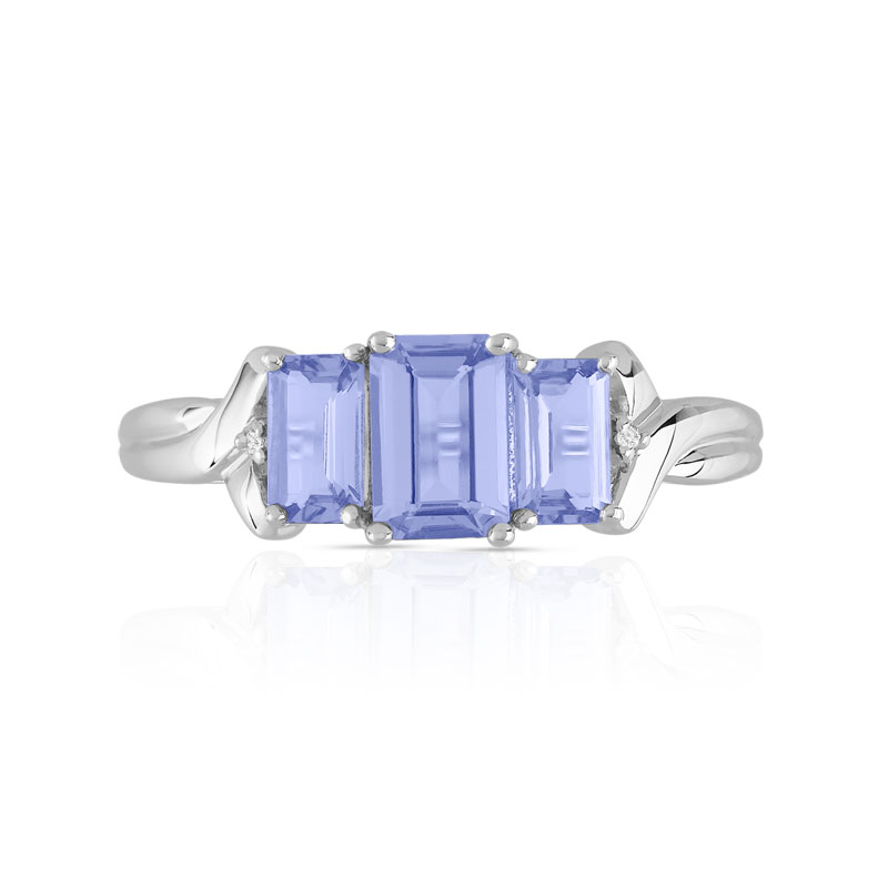 Bague or 375 blanc tanzanites rectangulaires et diamants