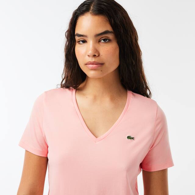 T-shirt à col V loose fit en coton uni T-Shirts - Rose - Lacoste - Femme