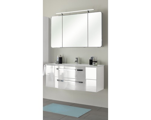 Pelipal Xpressline 4005 badkamermeubelset, BxHxD 120 x 200 x 49 cm, hoogglans witte fronten, met witte glazen wastafel en badmeubel, spiegelkast met LED-verlichting, 992.12001110
