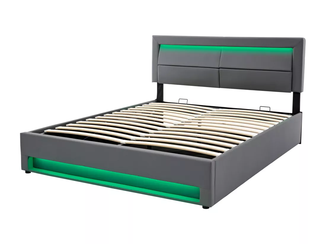 Lit coffre 160x200 cm en similicuir avec LED - avec ports de recharge (filaire & sans fil) - Gris
