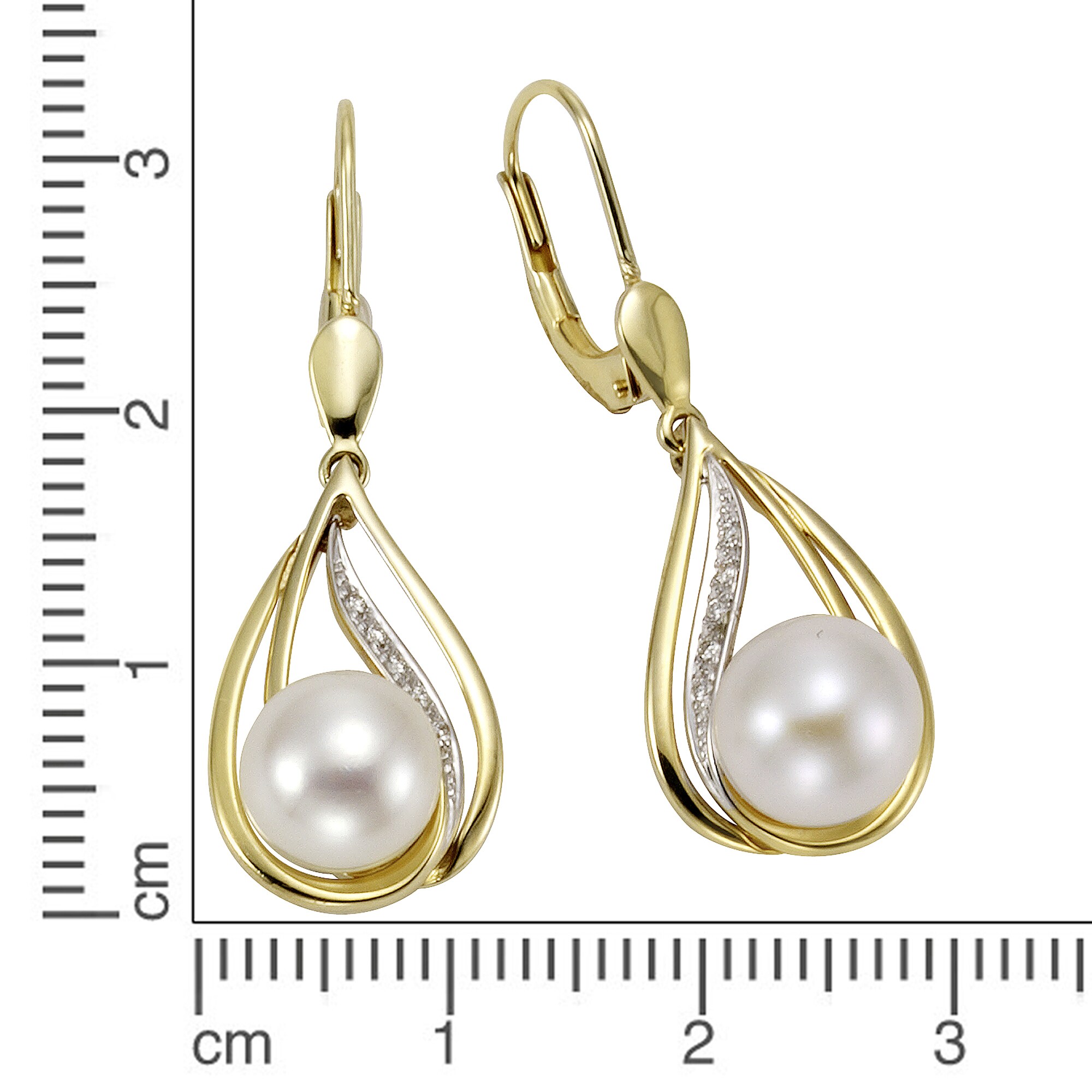 Orolino Ohrringe 585 Gold 2x Perle 7,5-8mm +10x Brillant 0,04ct.