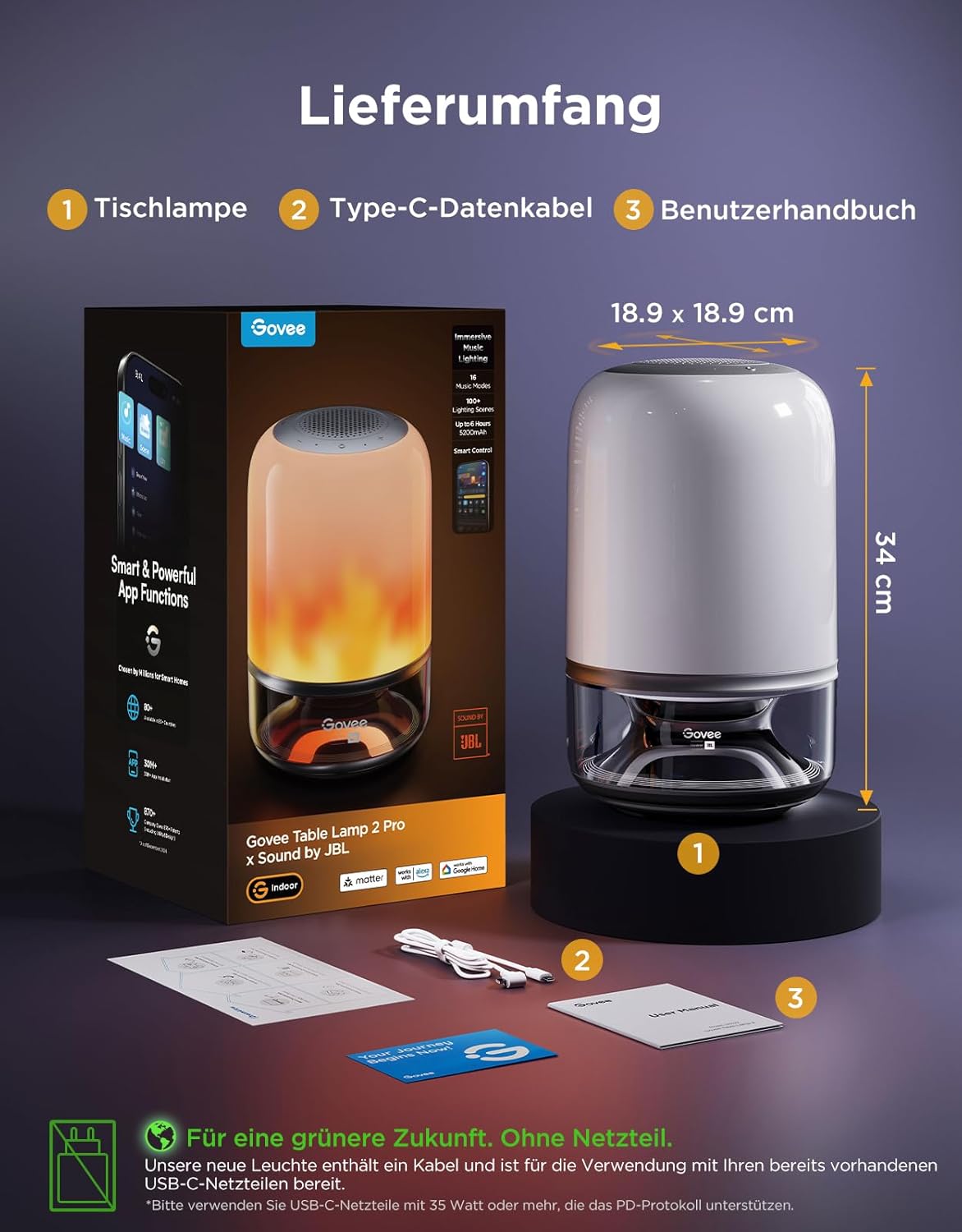 Govee Tischlampe 2 Pro x Sound von JBL (Kein Adapter), kabellose LED Tischlampe mit Lautsprecher, Musik-Licht-Sync, 16 Musik- & 100+ Szenenmodi, Matter-kompatibel, Wiederaufladbare Nachttischlampe