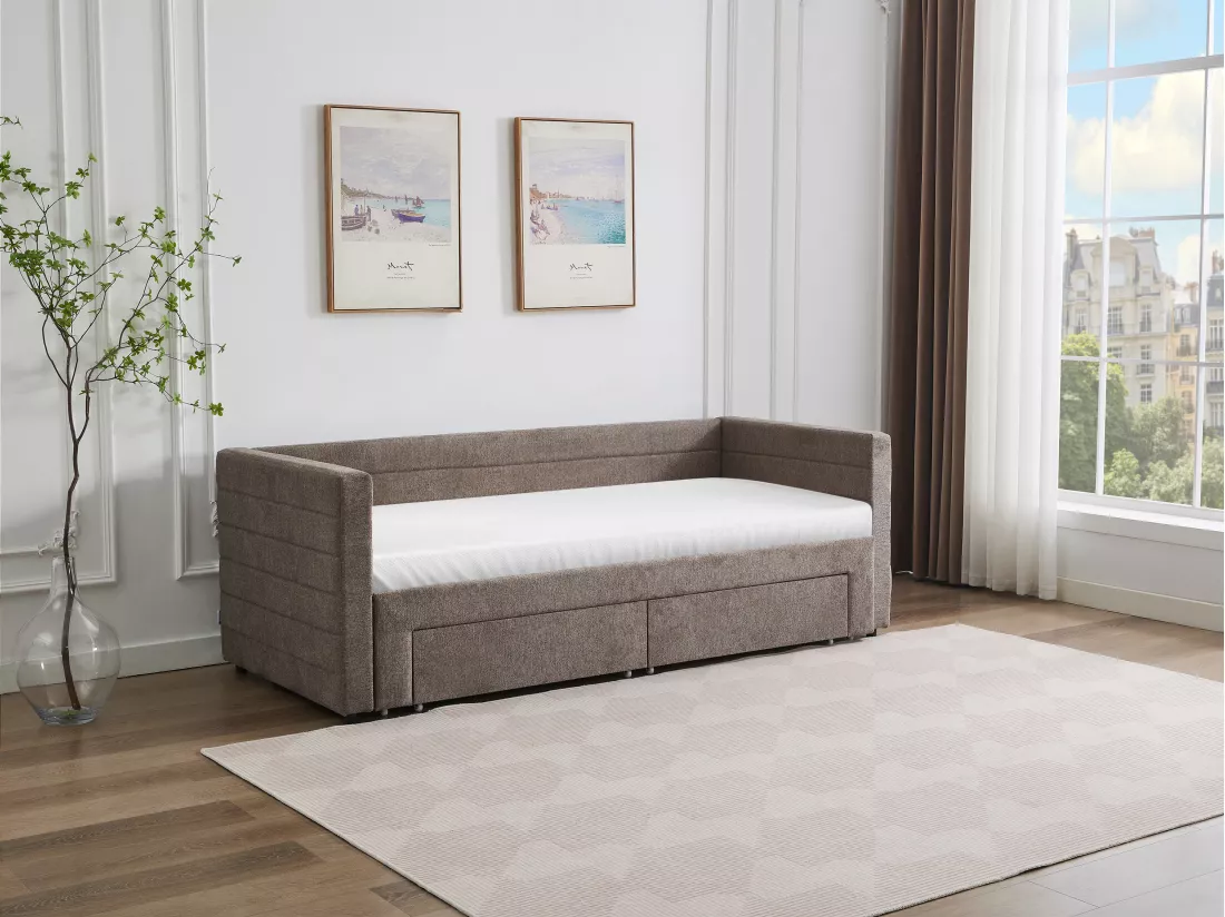 Lit gigogne 2 x 80 x 200 cm - Avec sommier peigne et tiroirs - Tissu texturé - Taupe - CAMITY
