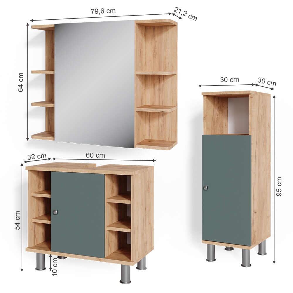 Vicco Badmöbelset Unterschrank Spiegelschrank Midischrank Fynn Eiche Grün