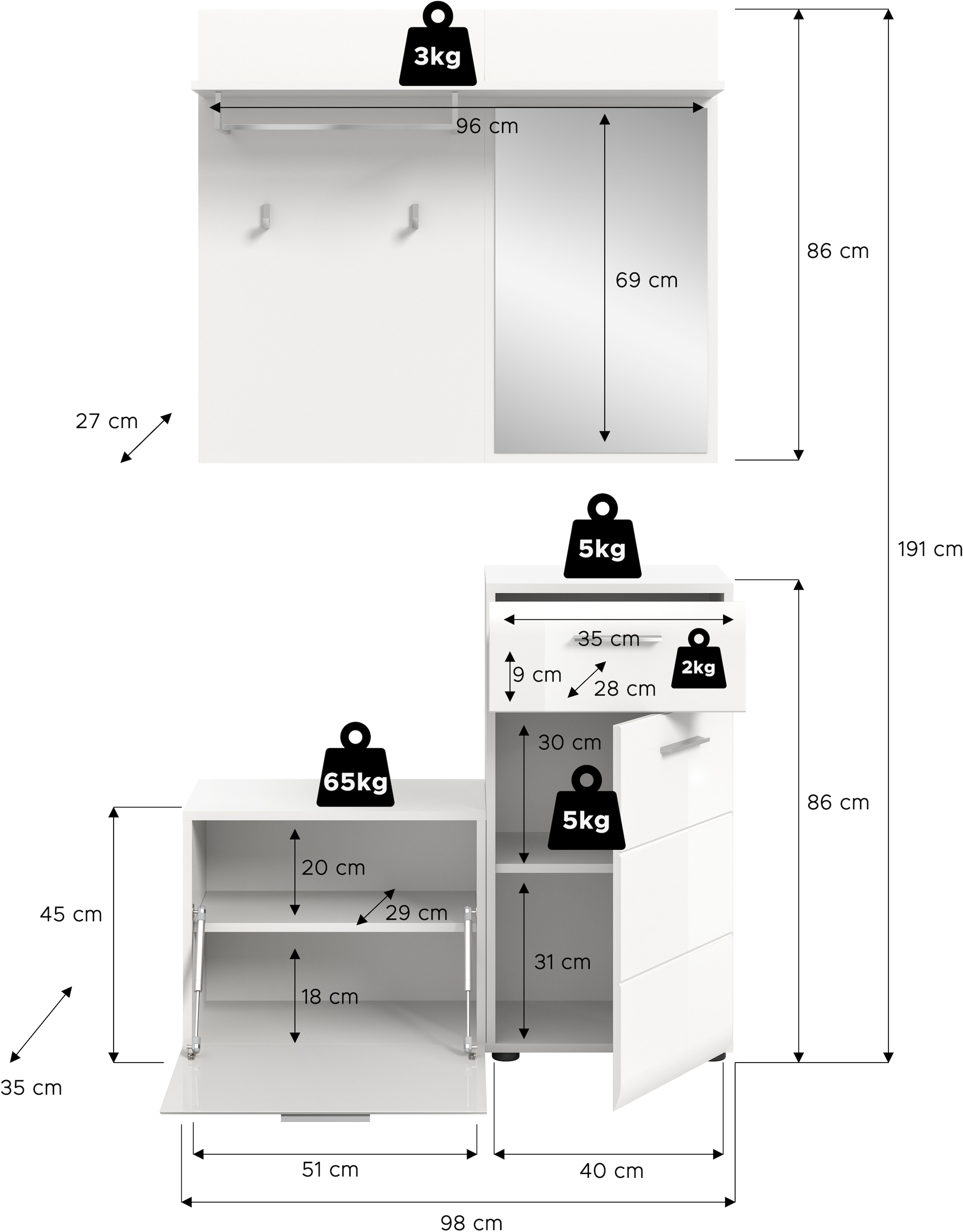 INOSIGN Garderoben-Set »FLORENZ, 3tlg., best. aus: Garderobenspiegelpaneel, Sitzbank & Kommode«