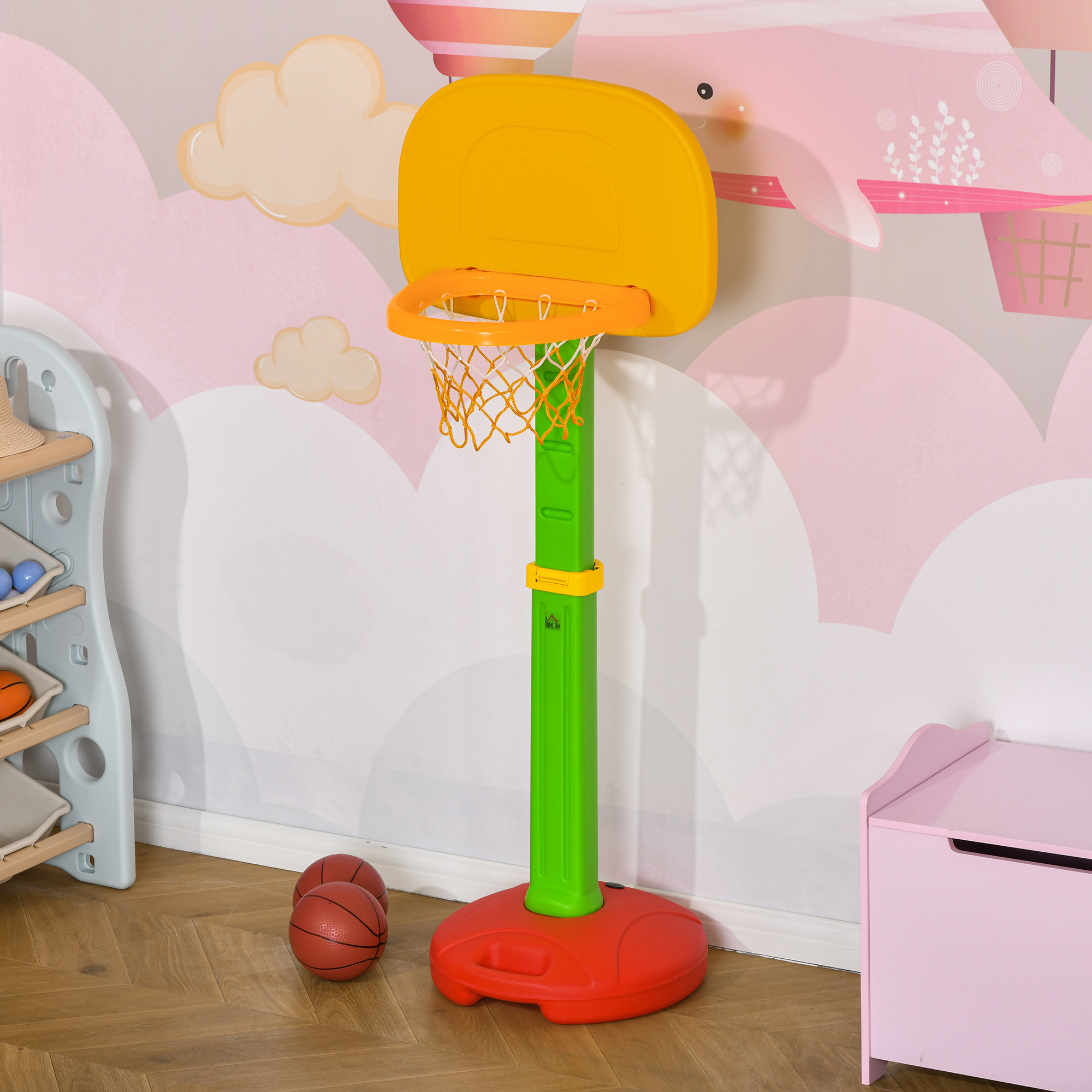 Cesta de basquete infantil multicolorida HOMCOM com altura ajustável para crianças.