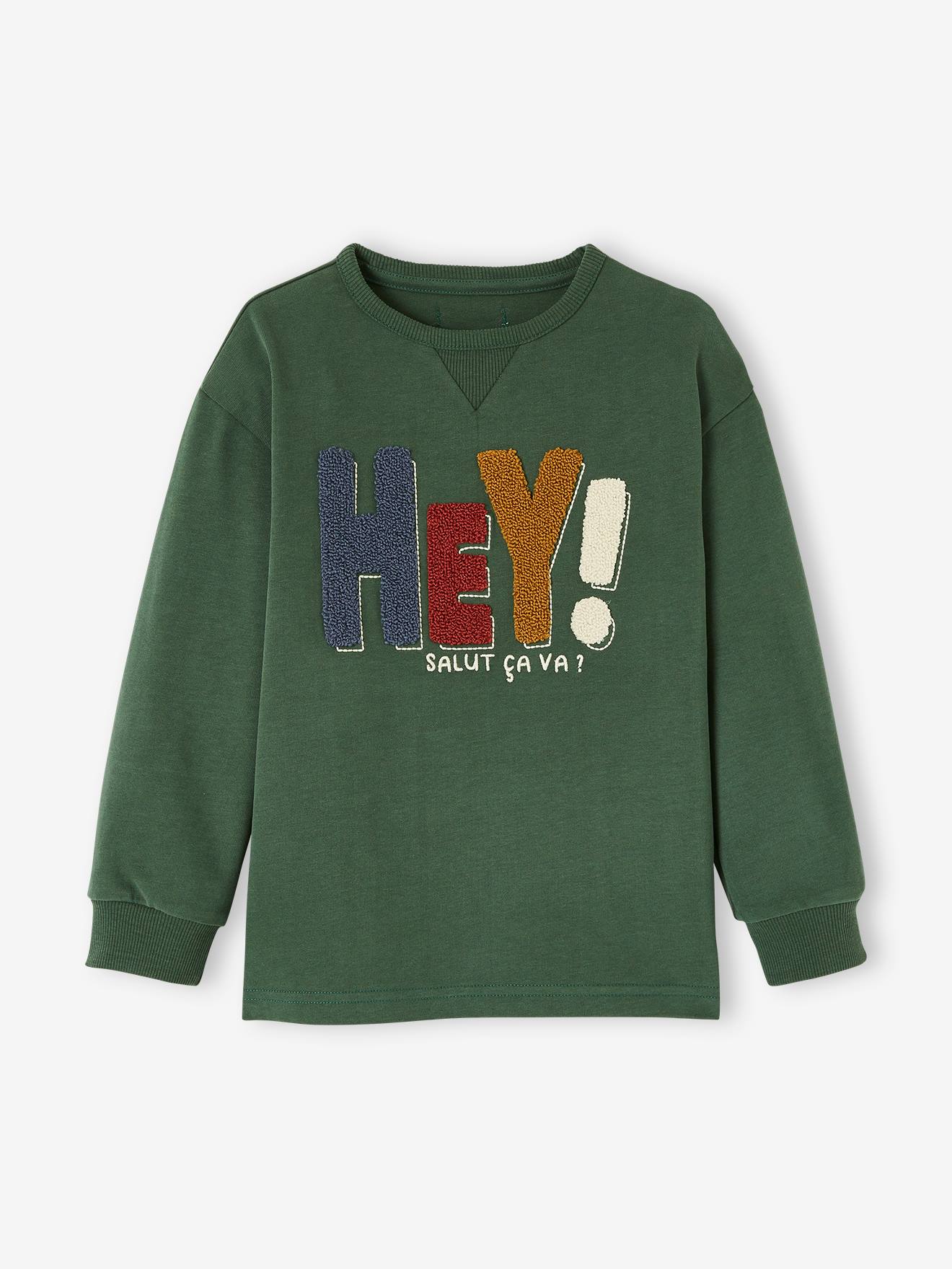 Camiseta com mensagem, tecido atoalhado, verde-escuro liso, estampa infantil.