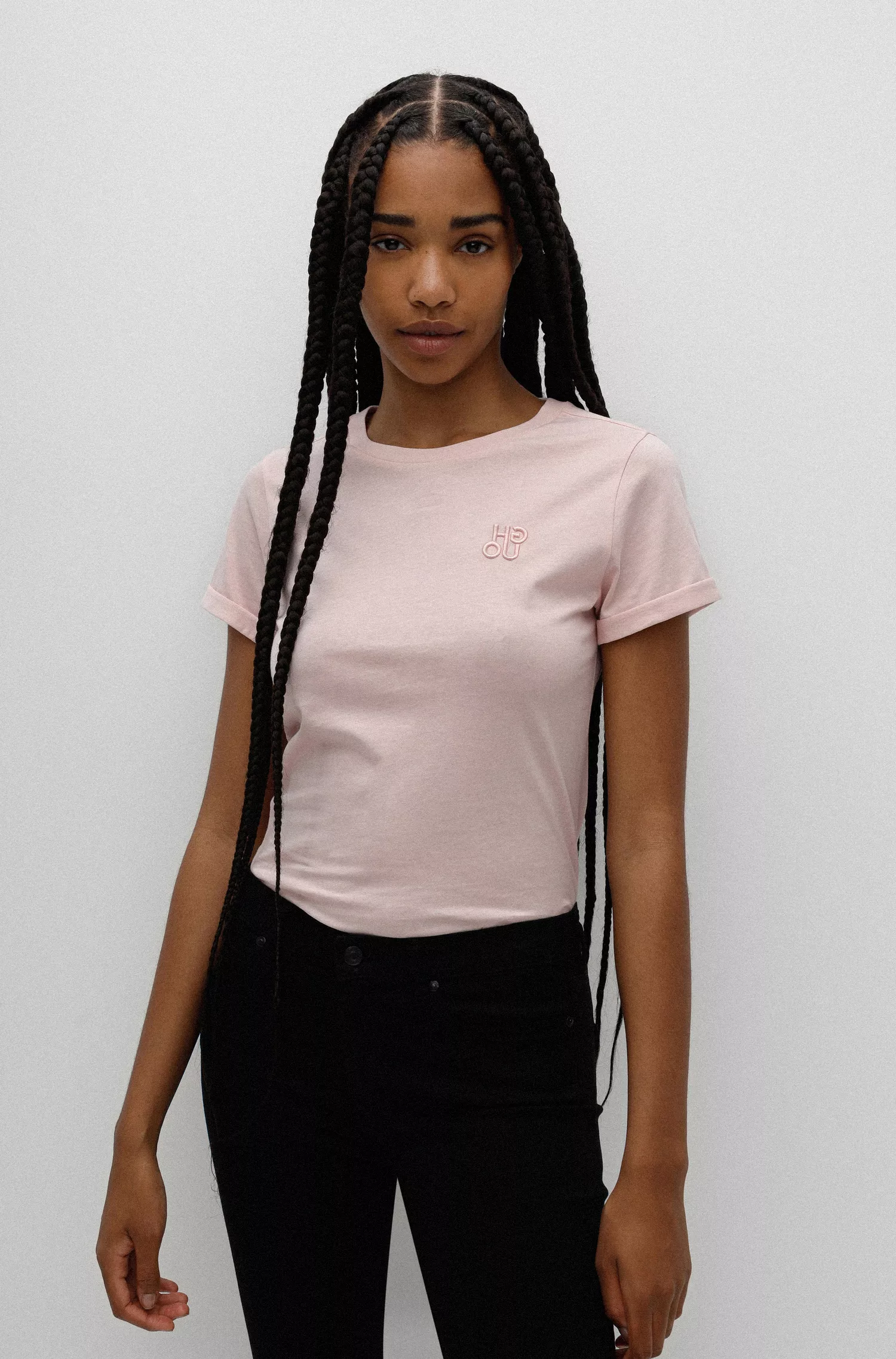 Camiseta HUGO vermelha de malha de algodão com modelagem slim e logo sobreposto.
