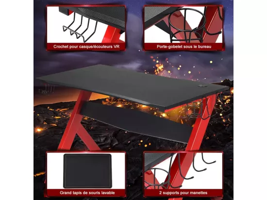 Bureau Gamer 60 x 115 cm, Tapis de Souris, Support pour Ecouteurs et Support pour Tasse, Porte-Gobelet, Surface en Fibre de Carbone et Cadre en Acier, Table de Gaming pour E-Sport, Noir+Rouge