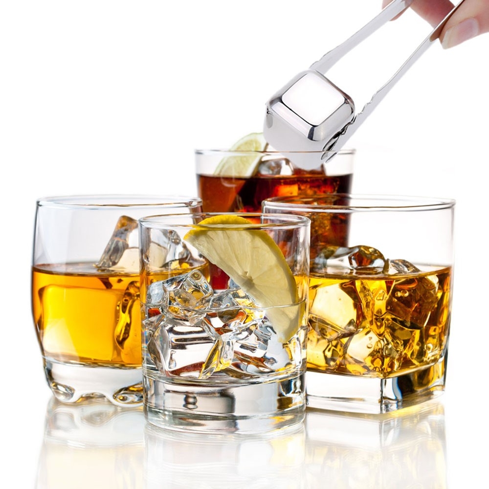 (10-tlg. Set) 8-fach Edelstahl Whisky Eiswürfel Wiederverwendbare Ice Cubes mit Zange   Aufbewahrungsbox