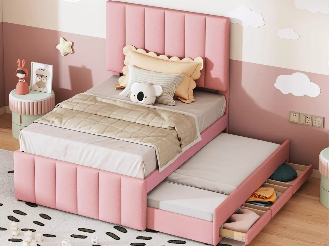 Lit gigogne 90 x 190/200 cm avec 3 tiroirs - tissu lin - sommier à lattes - rose