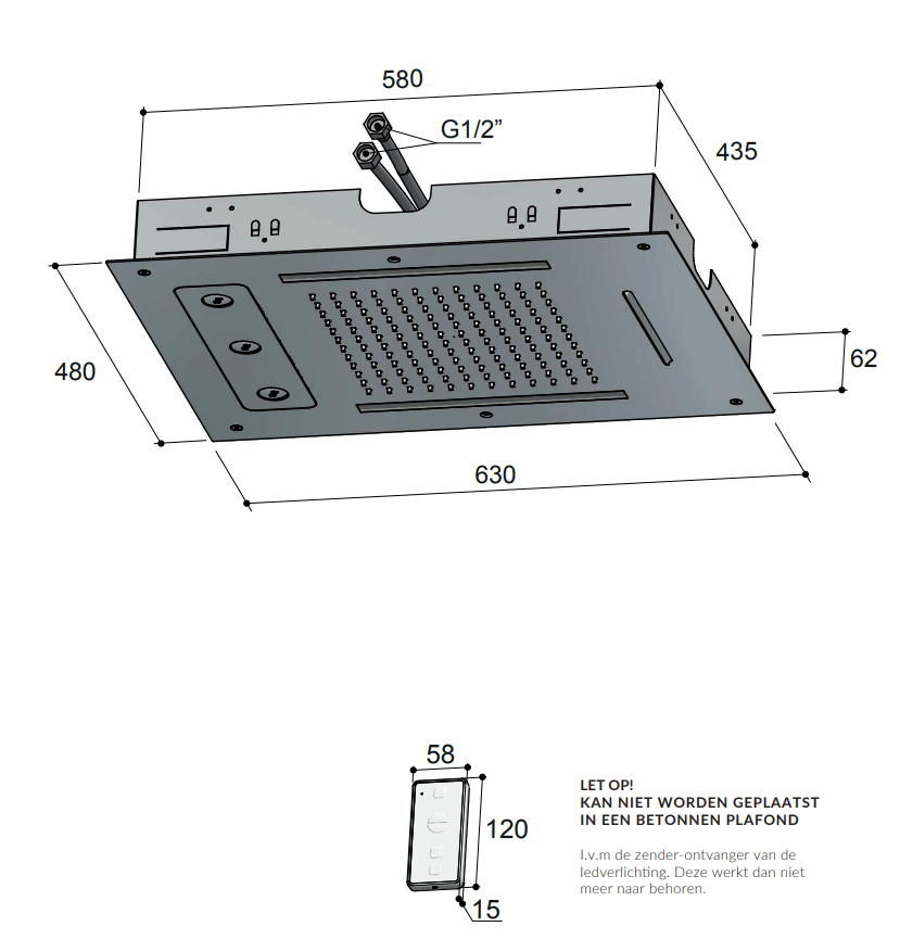 Hotbath Mate M190 inbouw hoofddouche met LED, waterval en twist 48x63cm geborsteld nikkel