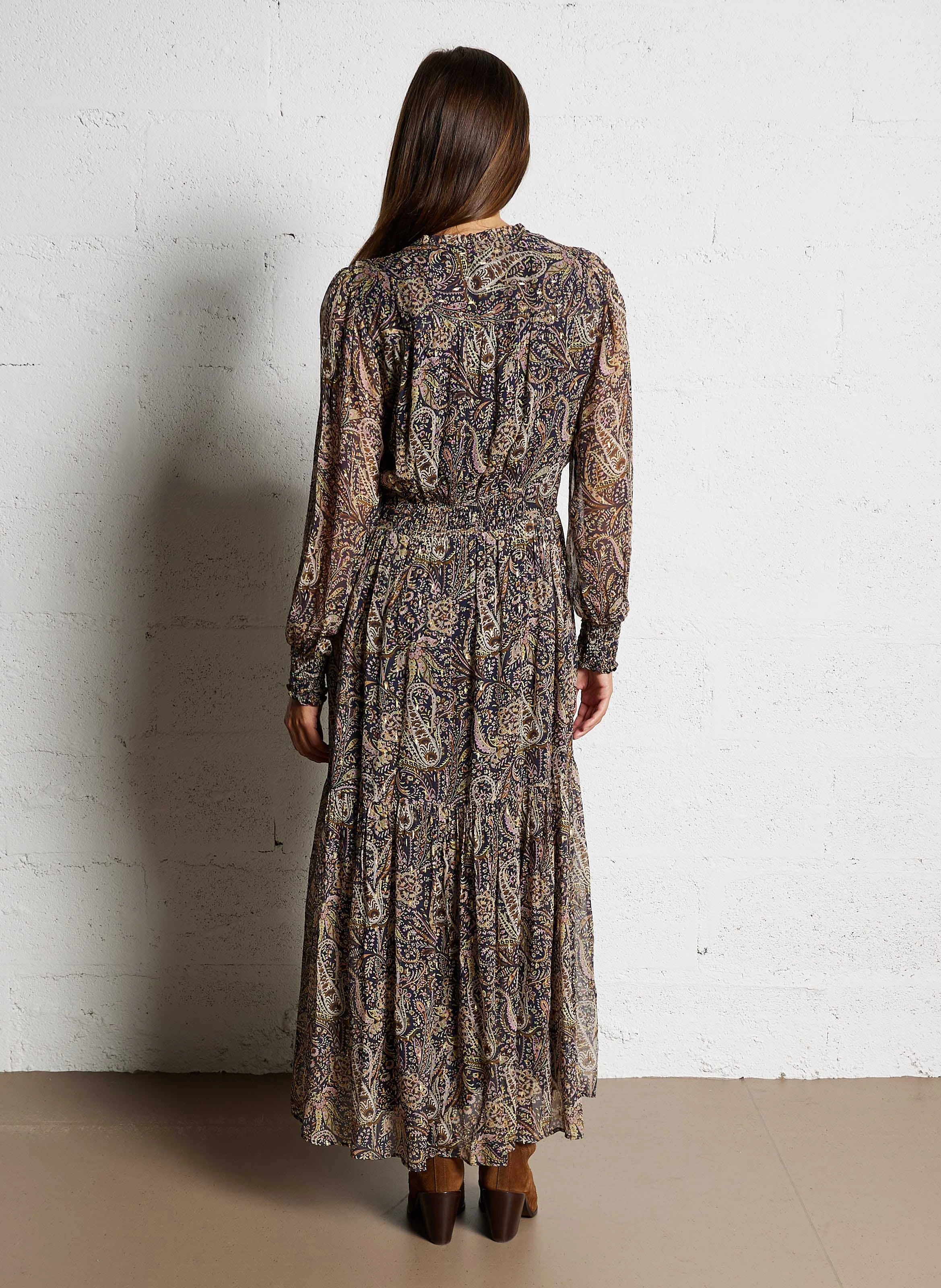 SYBILLE - Robe longue col V imprimée | Bleu