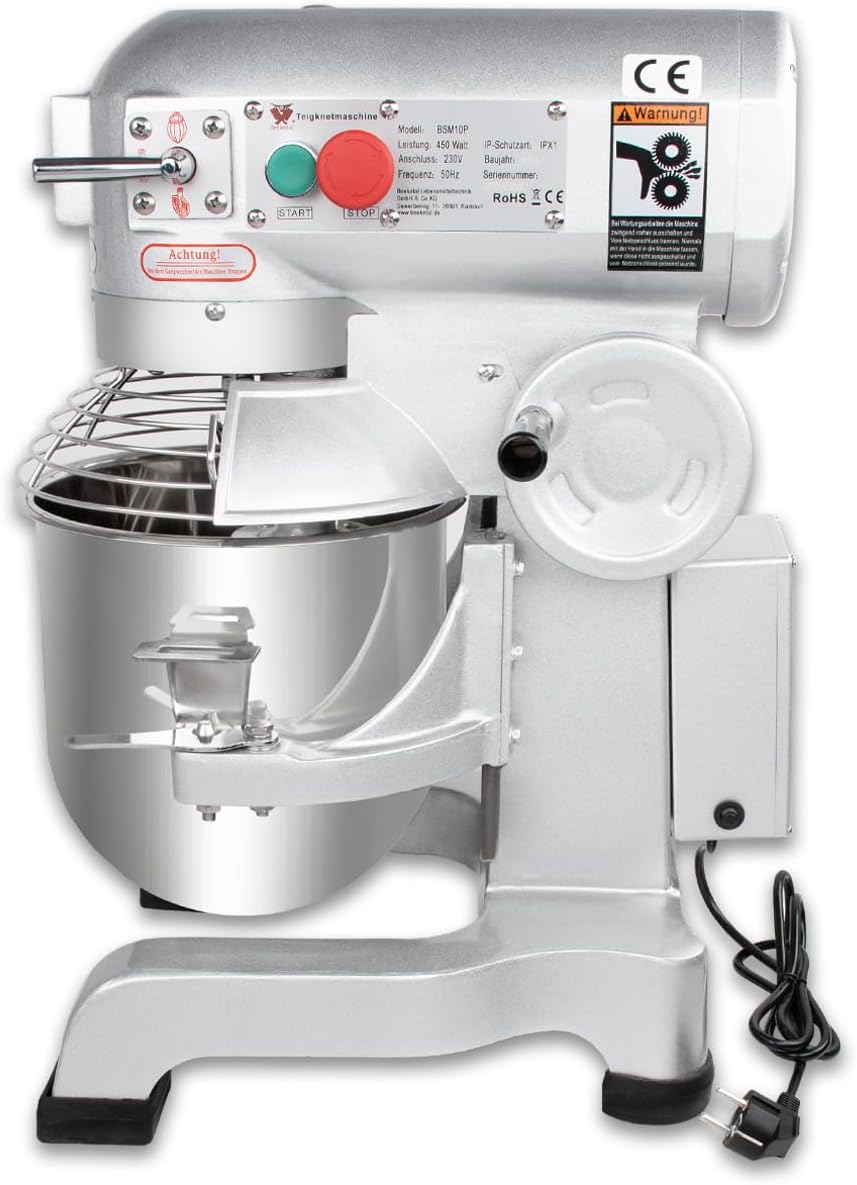 Beeketal 'BSM10P' Profi Teigknetmaschine mit Planetenrührwerk 10 Liter Kapazität (3 Stufen 105, 170, 340 U/min), Knetmaschine inkl. Knethaken, Schneebesen und Flachrührer - silber lackiert