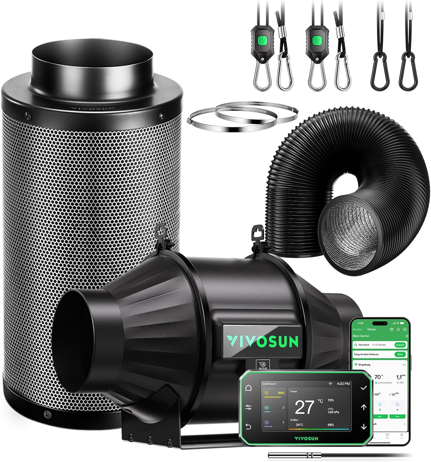 VIVOSUN Abluftset Rohrventilator 100mm AeroZesh T4 Pro mit GrowHub E42A+, VPD-, Temperatur- und Feuchtigkeitssteuerung, APP Verbindung mit Aktivkohlefilter, Lüftungsschlauch für Growzelte Hydroponik