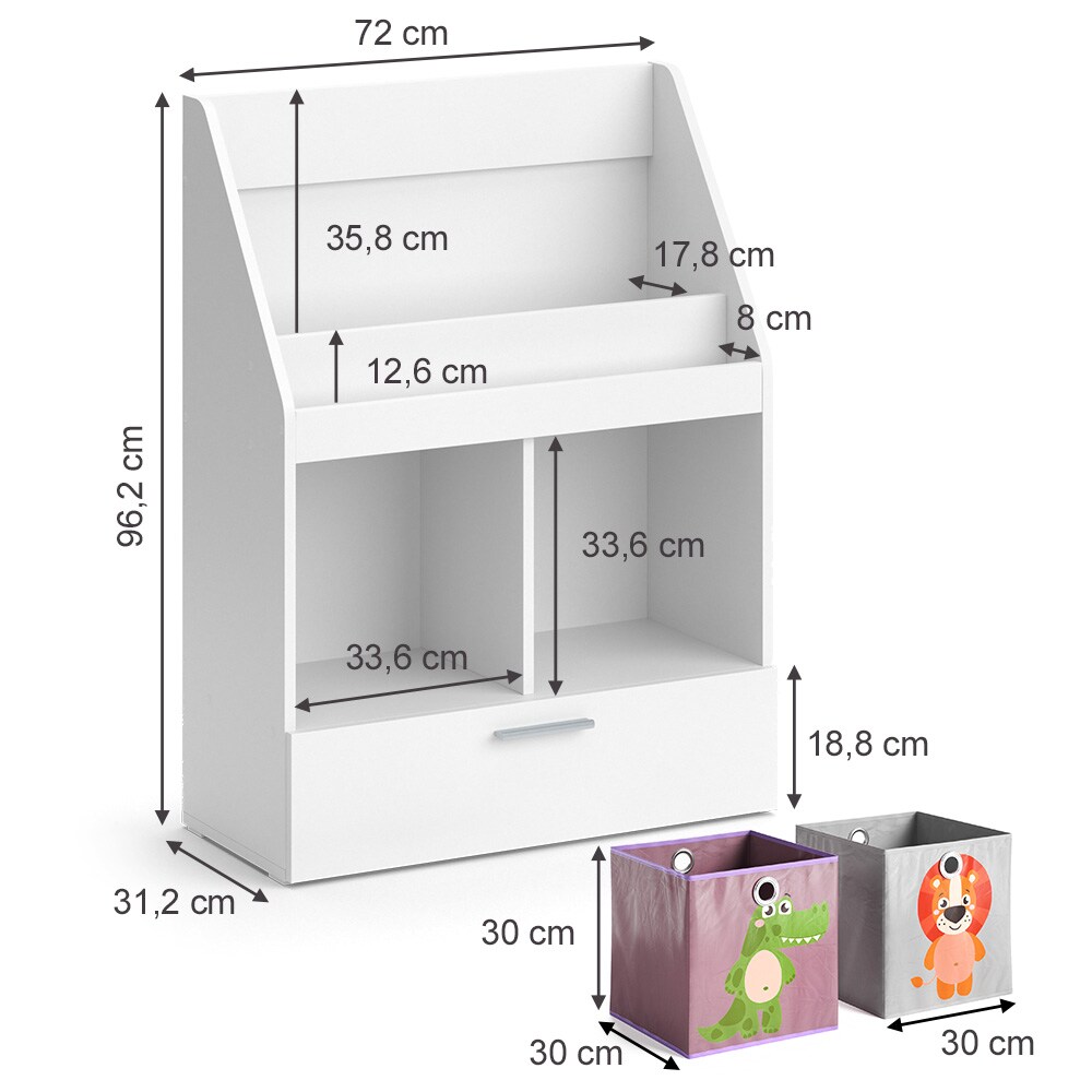 Vicco Kinderregal Bücherregal Wandregal Luigi Weiß 72x96 cm modern Kinderzimmer Regal Spielzeugregal Dekoregal Standregal Aufbewahrungsregal Würfelregal Schublade Ablage Fach freistehend Faltbox