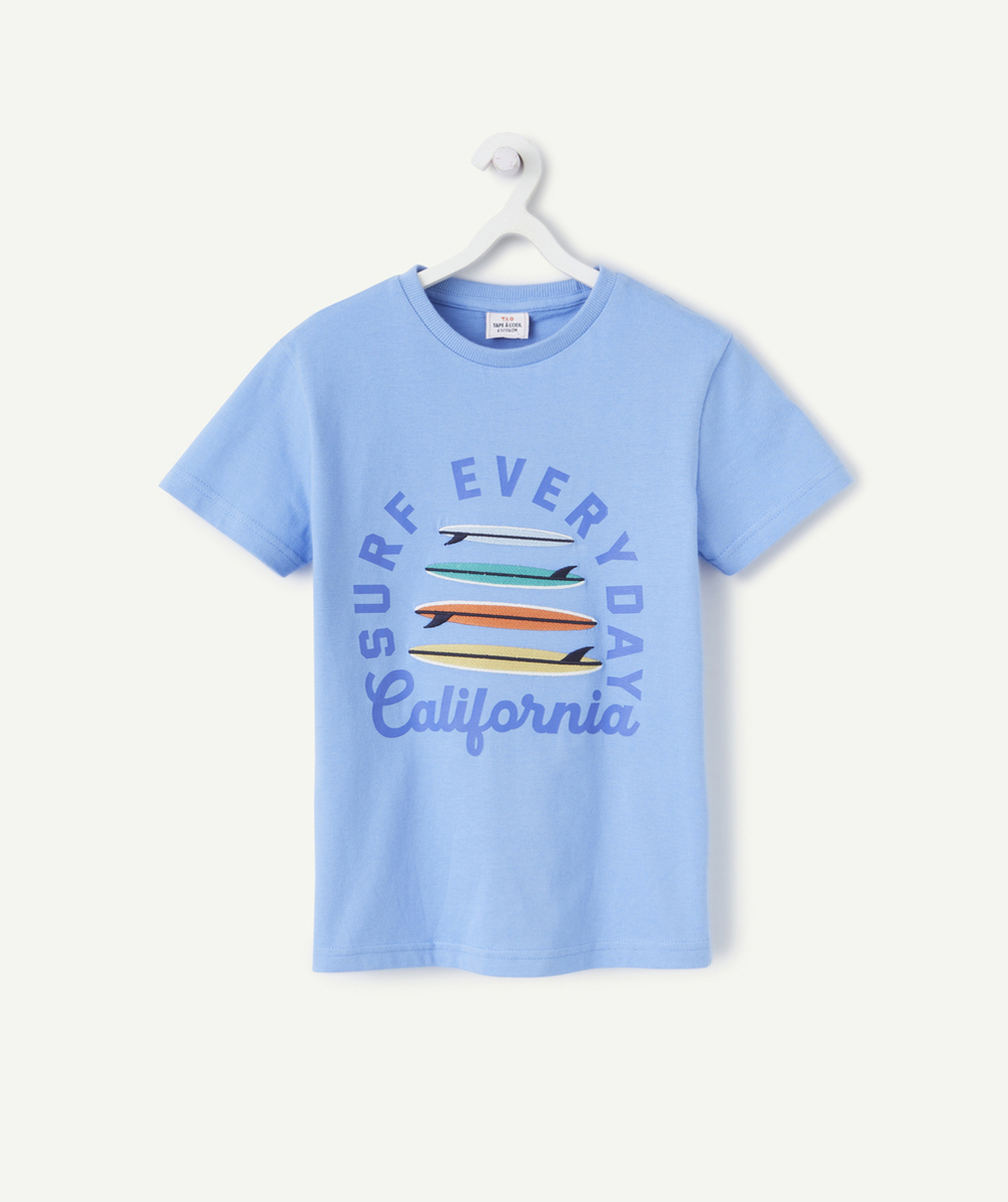 t-shirt manches courtes garçon en coton bio bleu avec surfs brodés