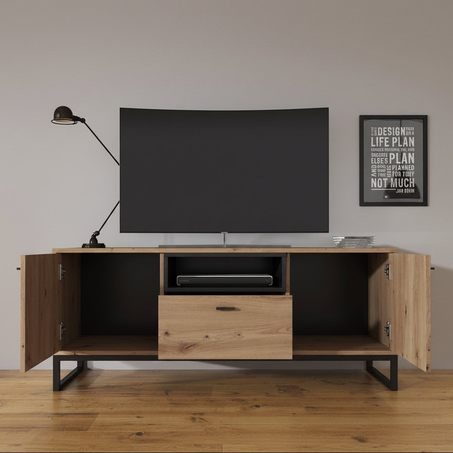 Ozzy - TV-Meubel met 2 deuren - Eiken/zwart - 135x40x55cm