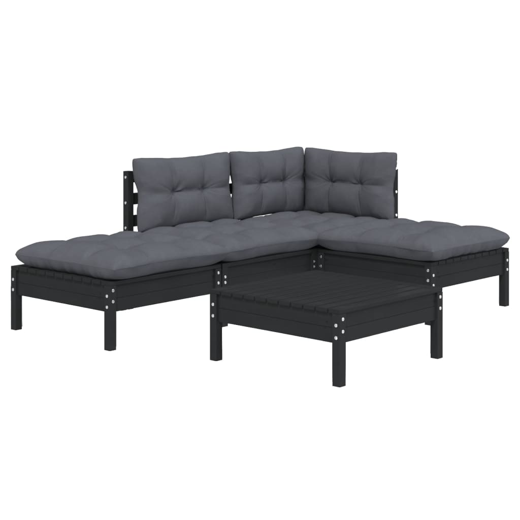 Salon de jardin meuble d'extérieur ensemble de mobilier 5 pièces avec coussins noir bois de pin