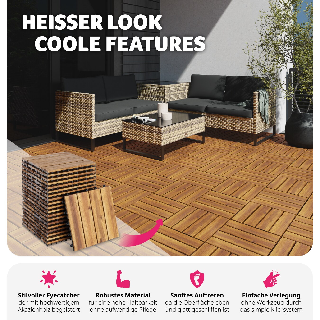 tectake® Terrassenfliesen, 20er Set mit Klicksystem, mit Drainage, 31 x 31 x 2,2 cm