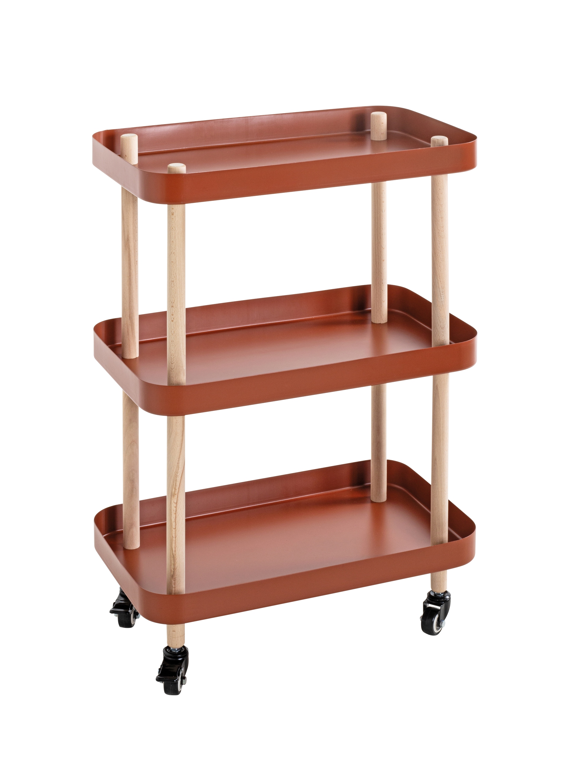 Beistelltisch auf Rollen 50 x 76 cm rot/Massivholz natur