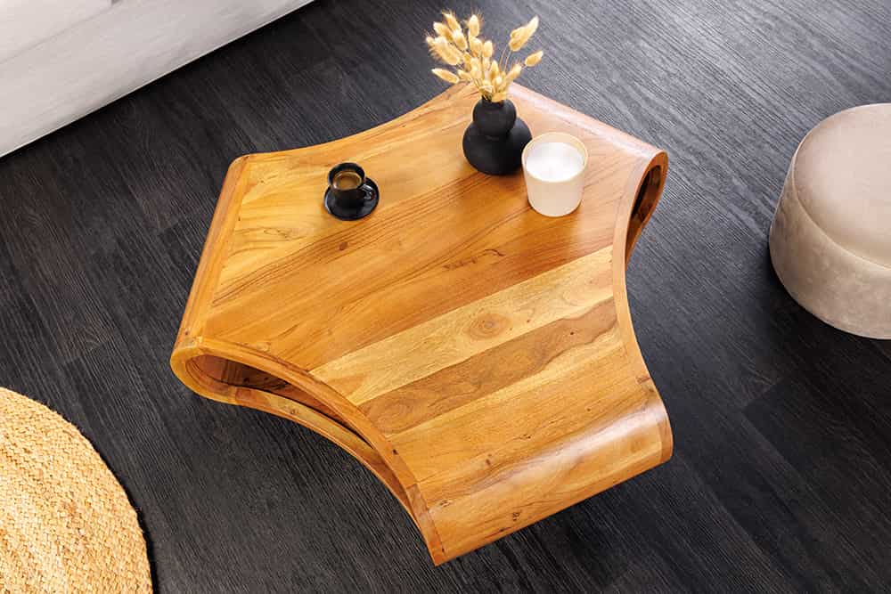 Retro Couchtisch ORGANIC LIVING 70cm braun Akazie Massivholz honey finish  Stauraum