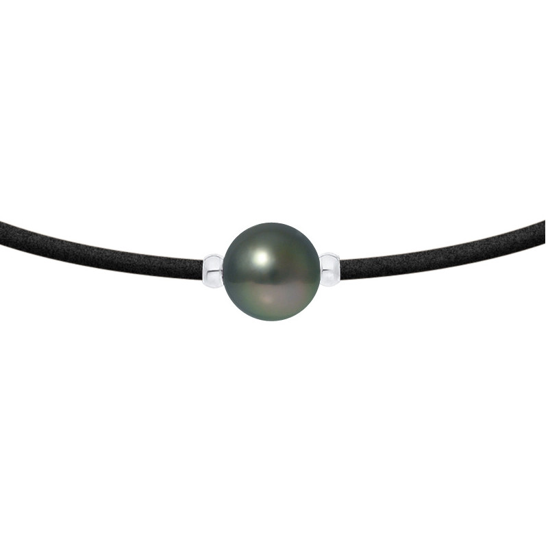 Collier Homme Femme Perle de Tahiti 10 mm, Néoprène et Argent Massif 925
