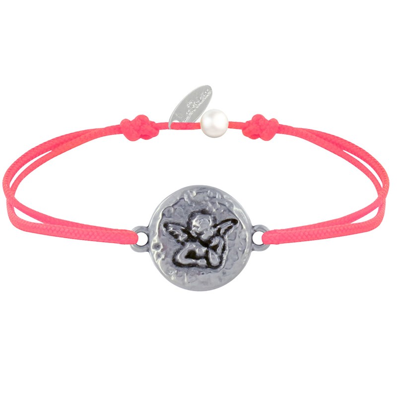 Bracelet Lien Médaille Ronde Martelée Laiton Argenté Ange Raphaël - Rouge Fluo