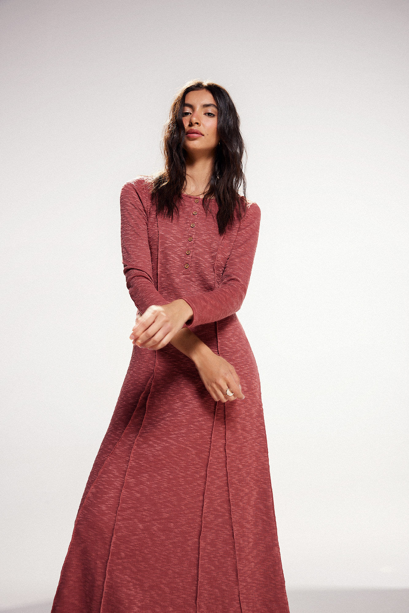 Vestido longo de tricô. - Laranja