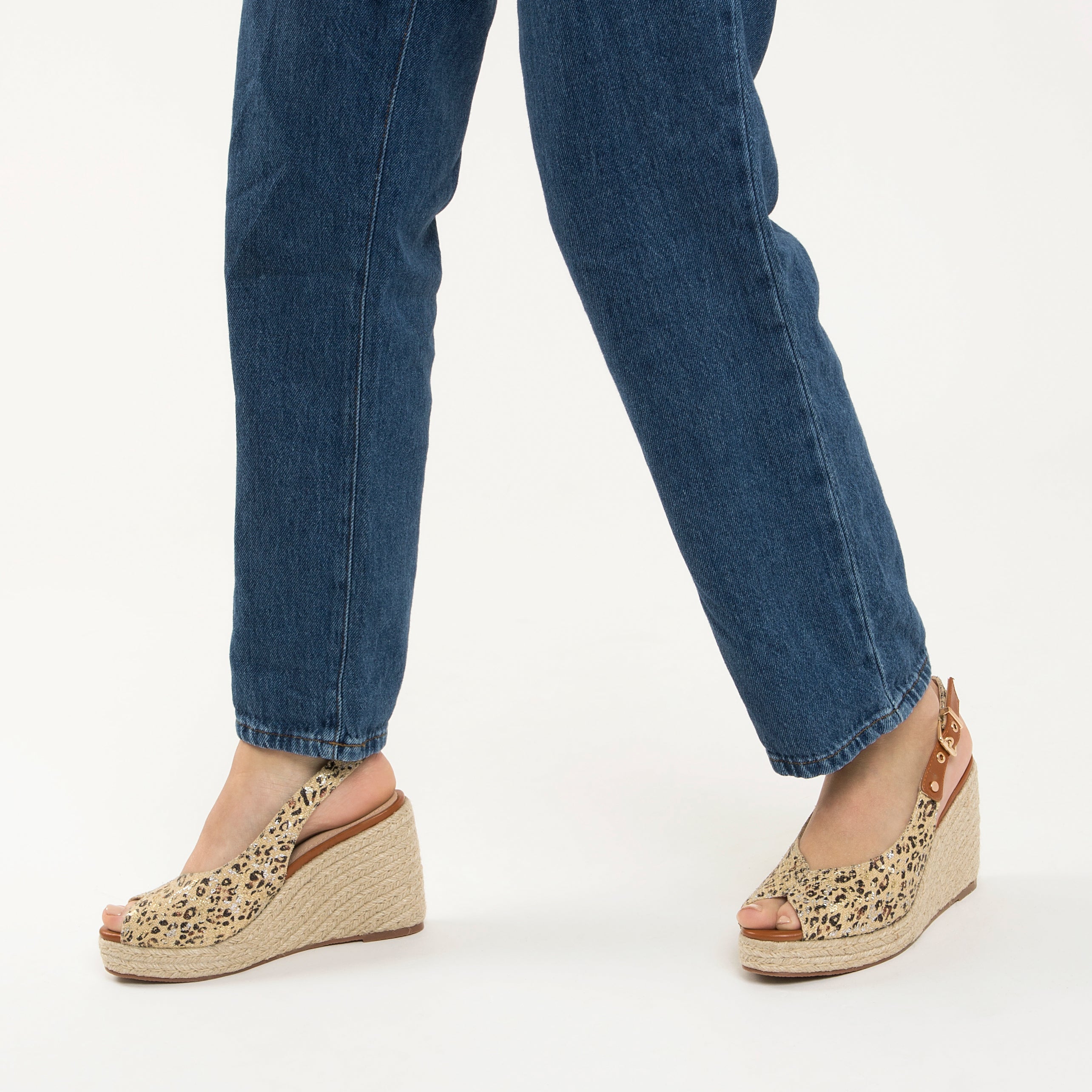 Sandales à talon, Compensées-Sandales compensées Gaëlle en tweed léopard beige
