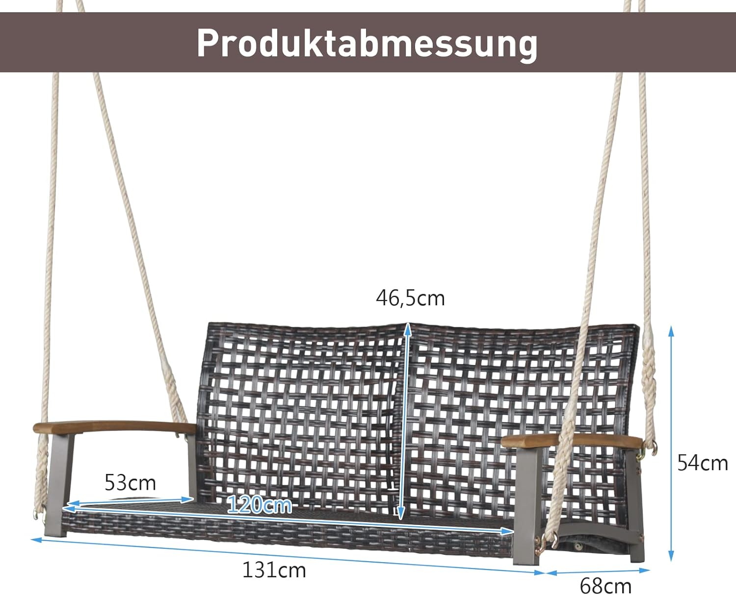 COSTWAY Schaukelbank 2-Sitzer, Hängebank PE-Rattan, Gartenschaukel zum Aufhängen, Hollywoodschaukel mit Akazienholz-Armlehnen, 360 kg Belastbarkeit, Schaukel für Terrasse & Garten & Balkon