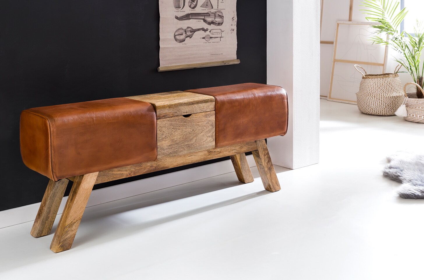 KADIMA DESIGN Retro Sitzbank, Echtes Leder, Holzbeine, 120 cm - Stilvoll & Komfortabel mit Stauraum