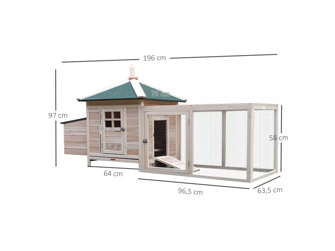 Poulailler cottage multi-équipement perchoir rampe pondoir enclos tiroir à déjection 196L x 76l x 97H cm bois massif pin