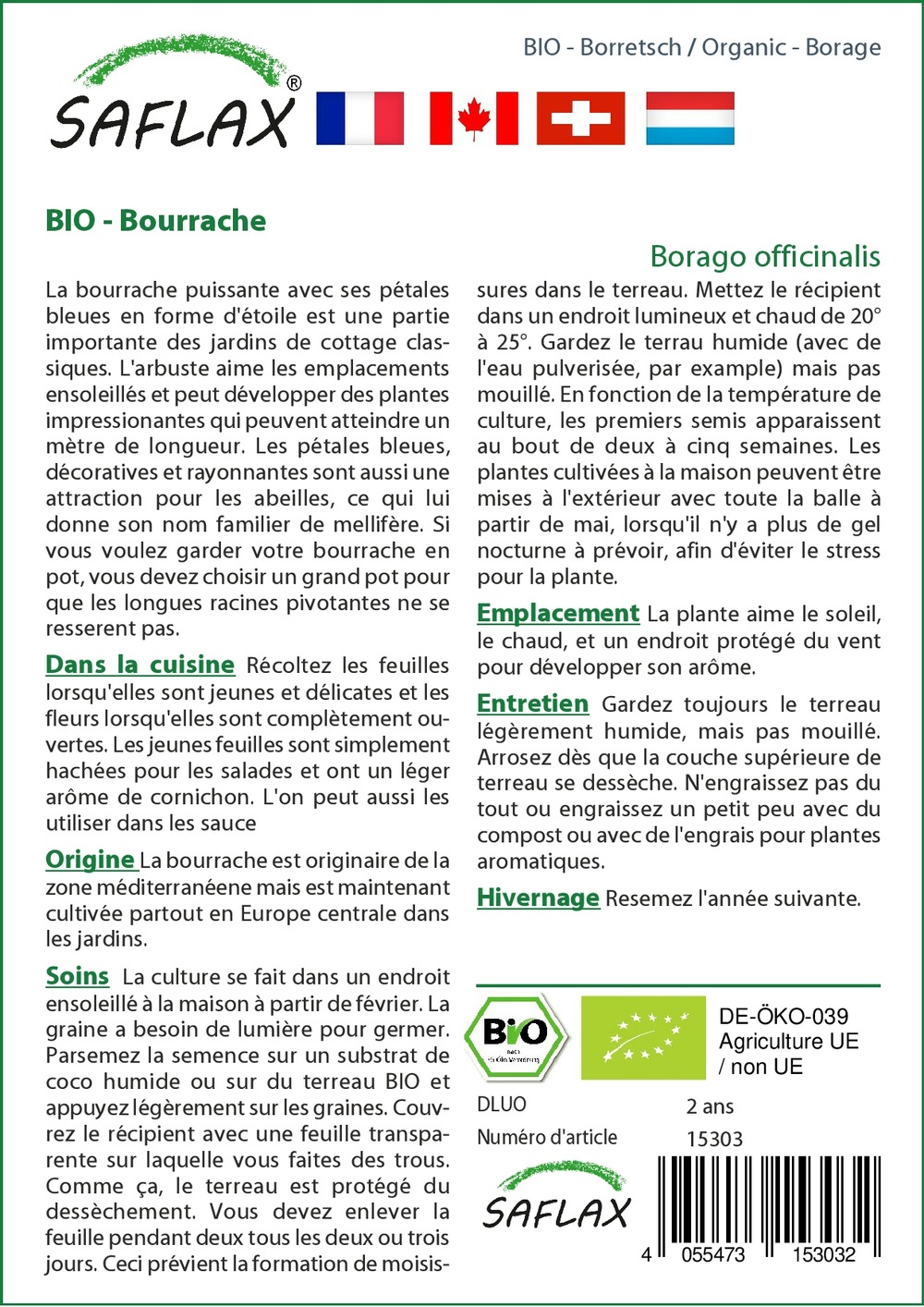 Kit cadeau - bio - bourrache - 40 graines - borago officinalis