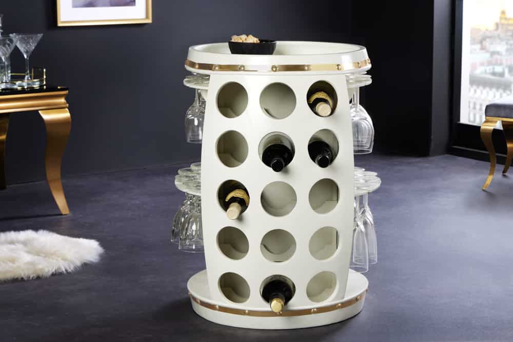 Design Weinfass BODEGA WHITE 70cm weiß gold Pinie Flaschen Gläseraufhängung