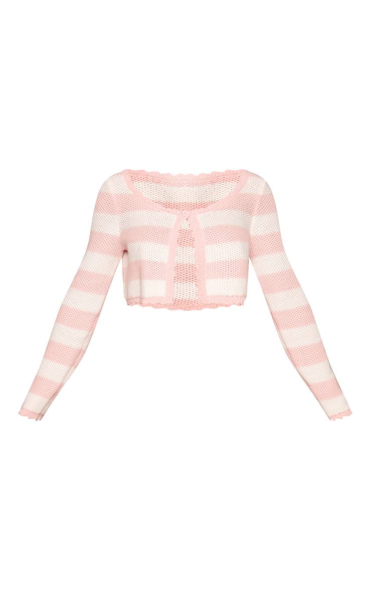 Rose Cardigan Petite À Rayures Avec Bordures Festonnées Et Manches Longues Boutonné