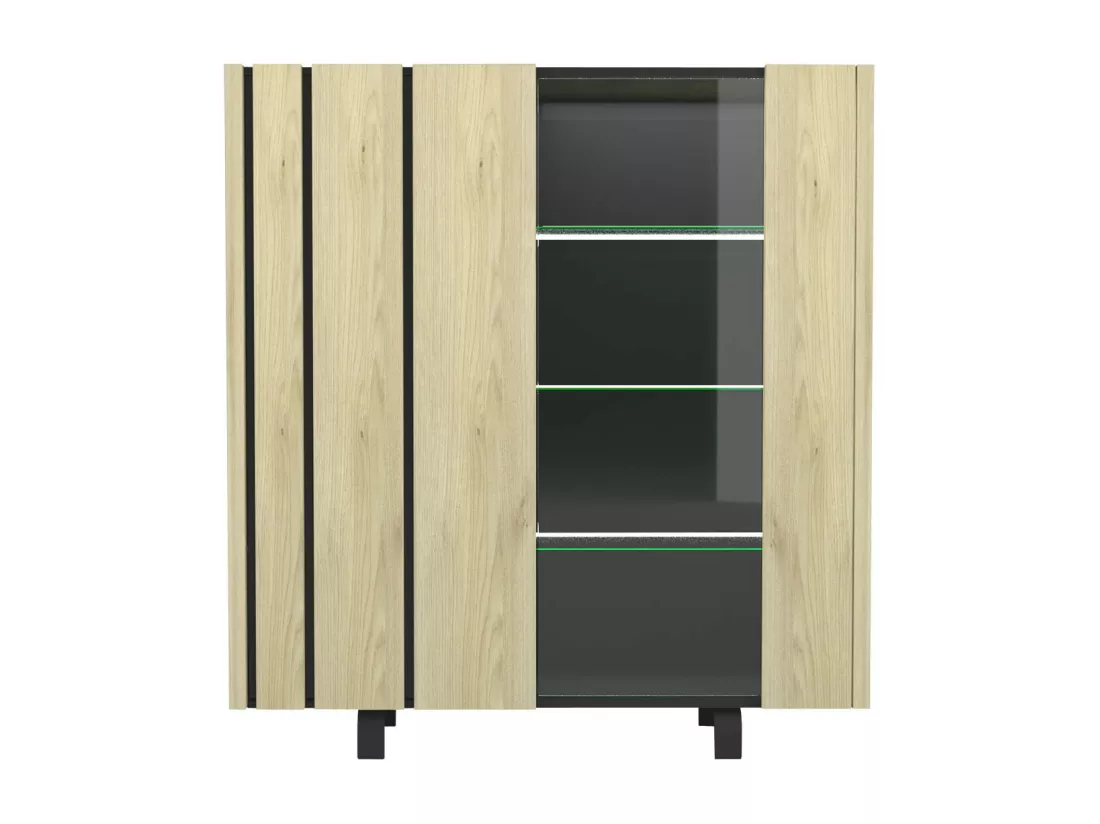YUMA - Vitrine 2 Portes Industrielle Effet Chêne et Leds