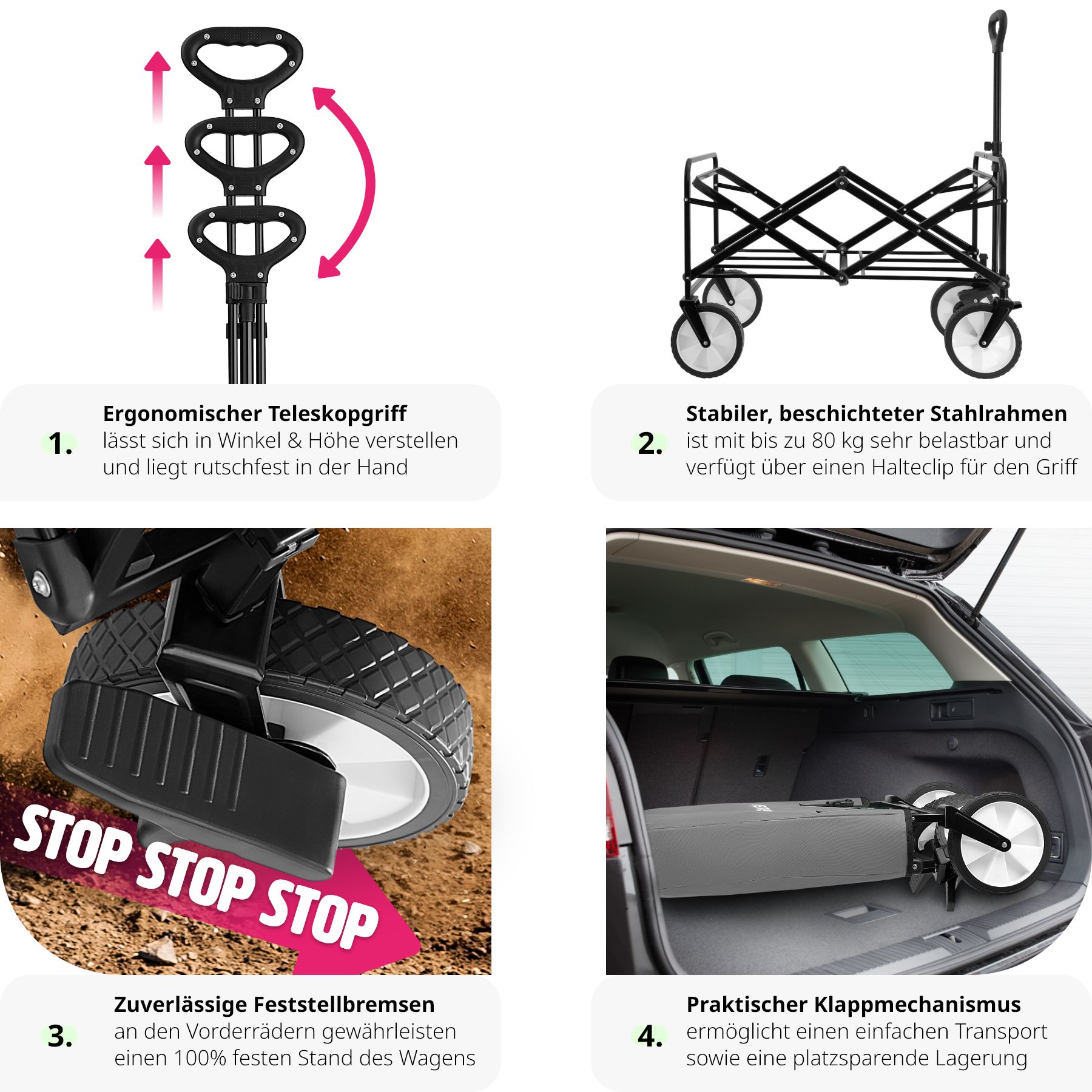tectake® Bollerwagen, faltbar, abnehmbarer Stoffeinsatz mit 2 Netztaschen, inklusive Tragetasche, Belastbarkeit 80 kg
