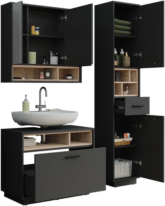 Vicco Badmöbel-Set Anthrazit/Sonoma Beatrice, bestehend aus Bad Spiegelschrank, Waschbeckenunterschrank, Hochschrank - Harmonische Kombination für EIN stimmiges Bild